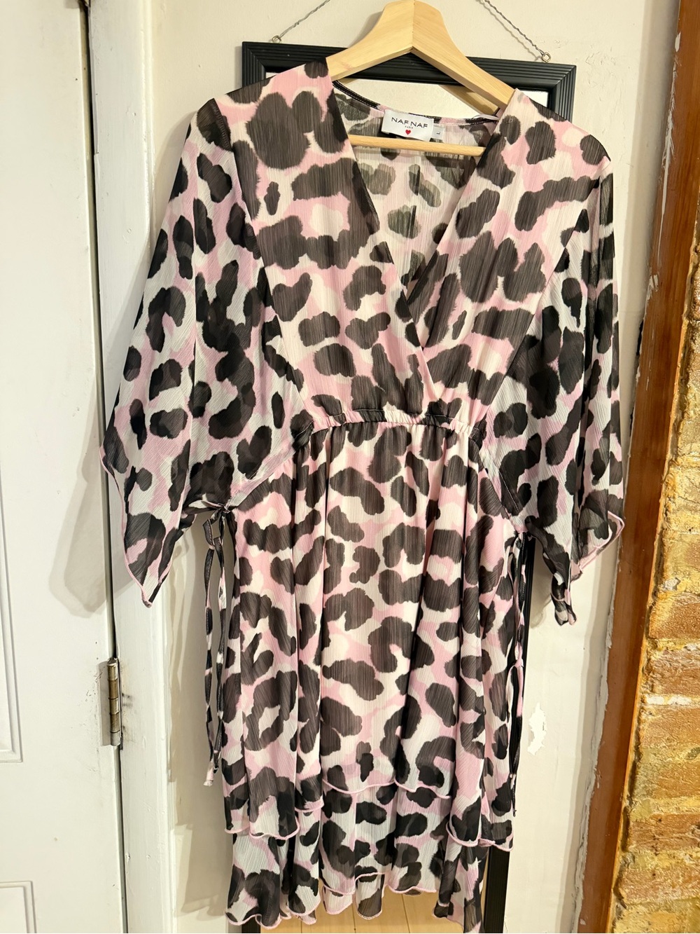 NAF NAF Pink Leopard Print Ruffle Dress – Size L